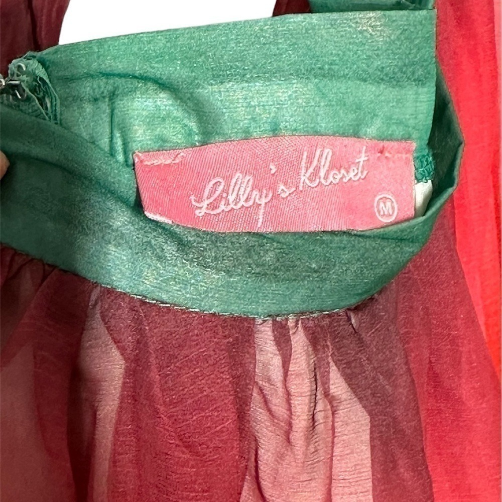 Lillys Kloset Ombre Cutout Maxi Dress Green Red Tiered Bishop Sleeve Womens‎ M - Picture 4 of 8